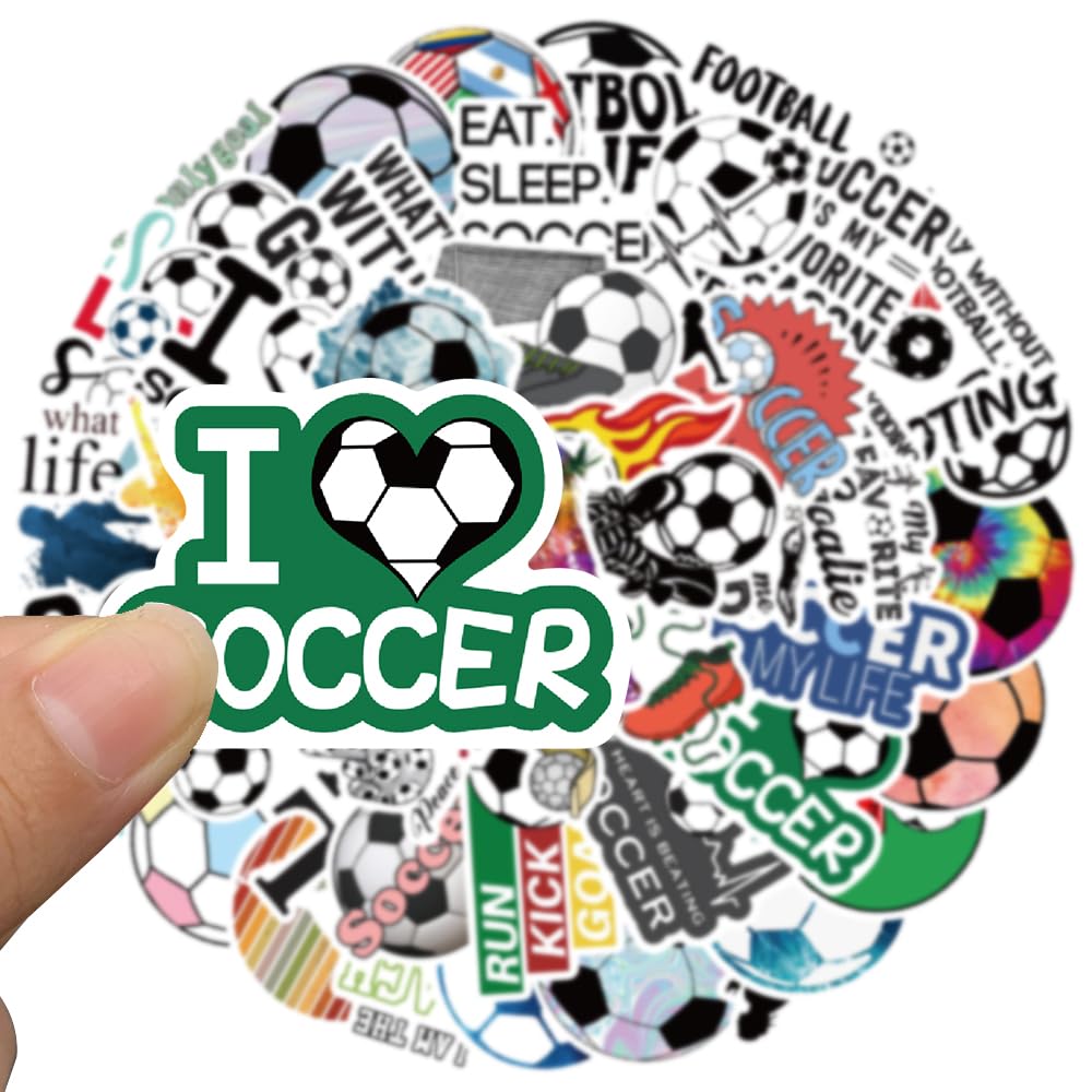Soccer Stickers for Water Bottles, I Love Soccer Stickers for Kids, Boys, Teens, Adults, 50PCS Vinyl Waterproof Stickers Bulk Gift, Soccer Sports Party Favors, Soccer Decorations (Soccer)