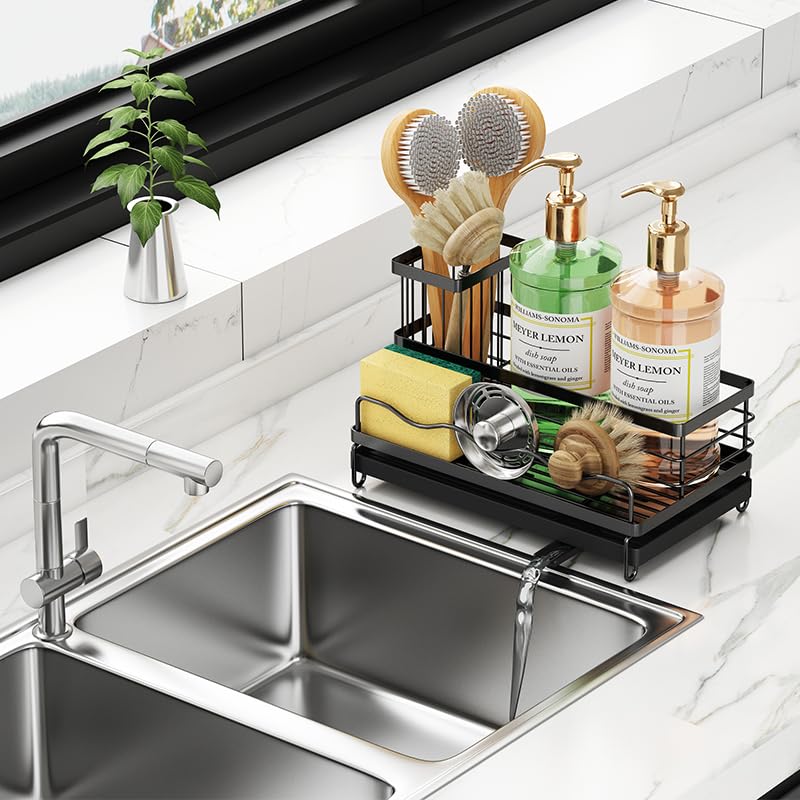 DMJWAN Sink Caddy Kitchen Sink Organizer, 304 Stainless Steel Holder for Sink,Countertop with Removable Drain Tray with Diversion Drainage.