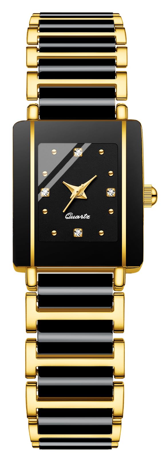BESTKANG Vintage Square Ceramic Ladies Quartz Watch with Diamond Accents, Waterproof, Elegant Women's Wrist Watch (Black Gold)