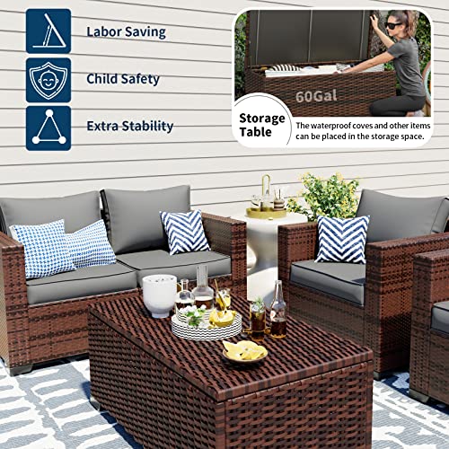 UDPATIO Patio Furniture Set with 44" Fire Pit Table, 7 Pieces Outdoor Furniture Sets, Wicker Rattan Patio Conversation Sets with Ottoman and Waterproof Covers for Porch Deck Backyard, Khaki