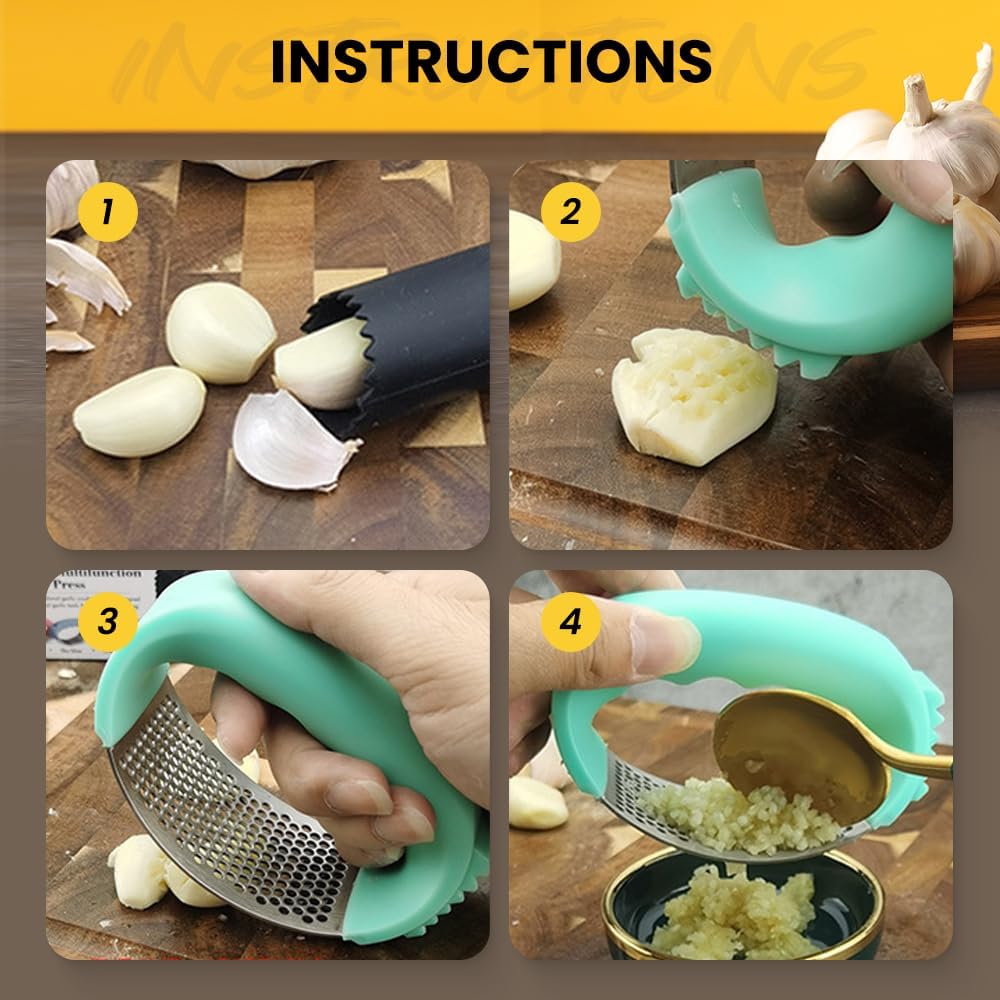 2025 New Upgraded Garlic Press Rocker, Stainless Steel Garlic Press, Garlic Crusher with Peeler and Cleaning Brush, Garlic Chopper for Crush Garlic Kitchen Gadgets, Kitchen Tools (Black)
