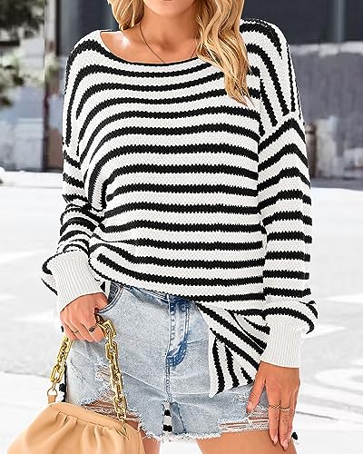 KIRUNDO Women's 2024 Fall Winter Oversized Long Sleeve Striped Sweater Casual Crewneck Side Split Pullover Knit Tops(Beige White, Small)