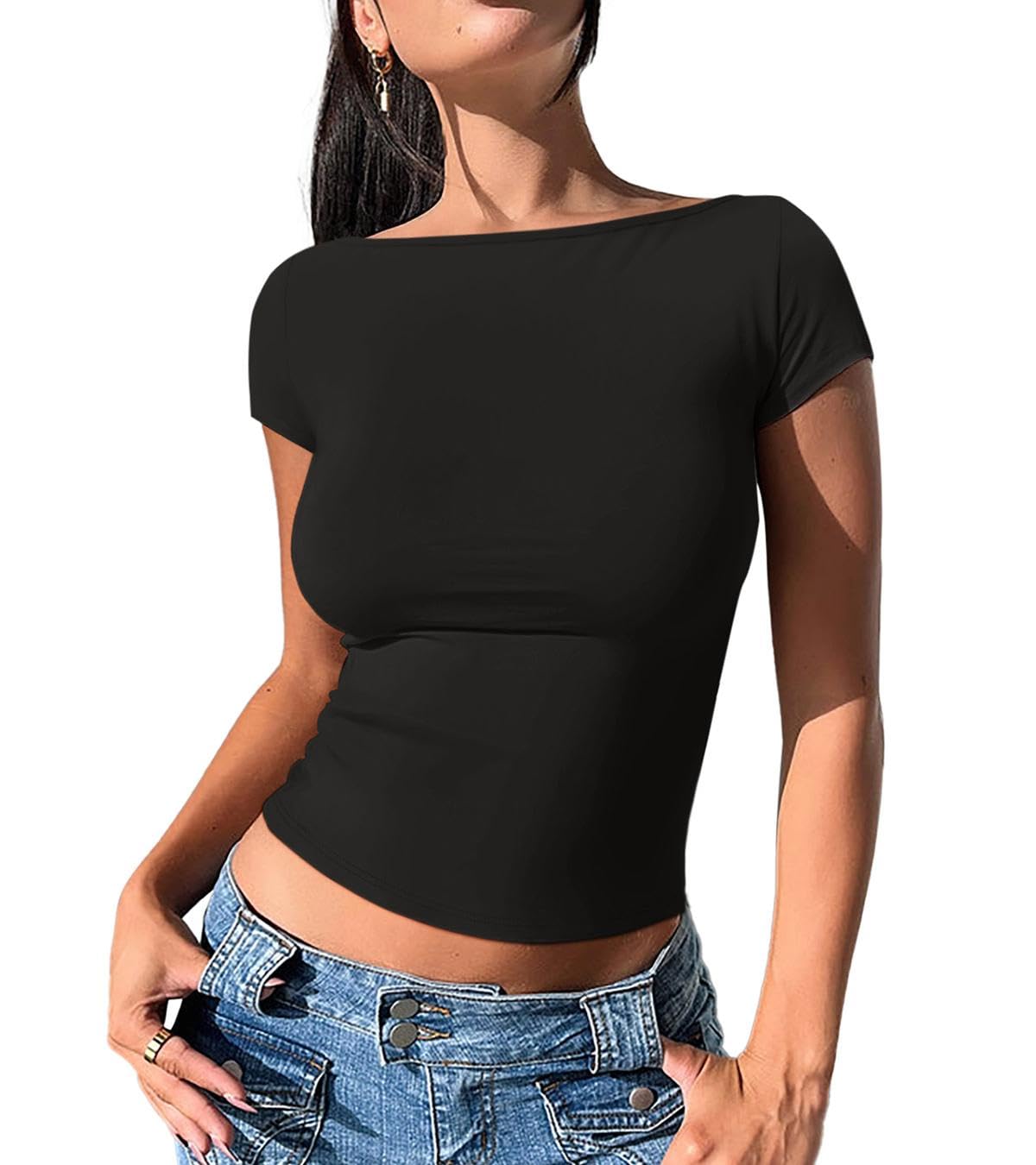 REORIA Women's Casual Boatneck Cap Sleeve Basic Tank Tops Cute Spring Summer Going Out Fashion Y2K Crop Tops Outfits (Black Medium)