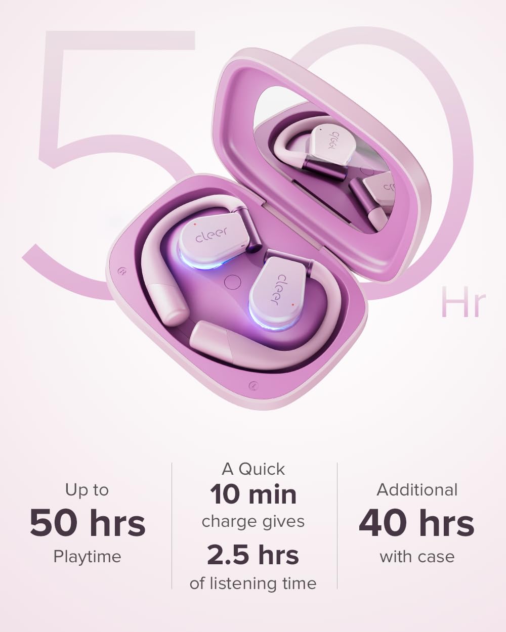 Cleer ARC 3 Open Ear Headphones - Dolby Audio, Snapdragon Sound True Wireless Earbuds, 50Hr Battery, Bluetooth 5.4, IPX 7, Multi-Point, Smart Controls, Wireless Charging Smart Case, Comfort Fit, Pink