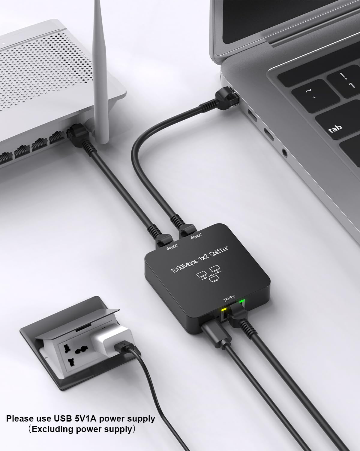 Ethernet Splitter 1 to 2 Out, 1000Mbps High Speed, RJ45 Splitter with USB Power Cable, Gigabit Internet Splitter Connector for Cat 5/5e/6/7/8 Cable, Black