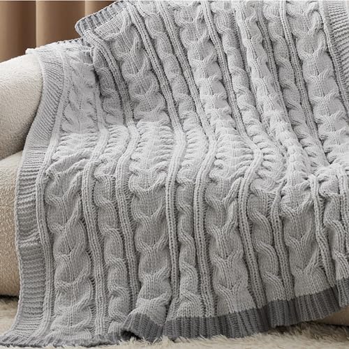 Bedsure Cable Knitted Throw Blanket for Couch, Chenille Chunky Knit Throw Blanket - Soft and Cozy Beige Throw Blanket for Winter, Throw (50" x 60")