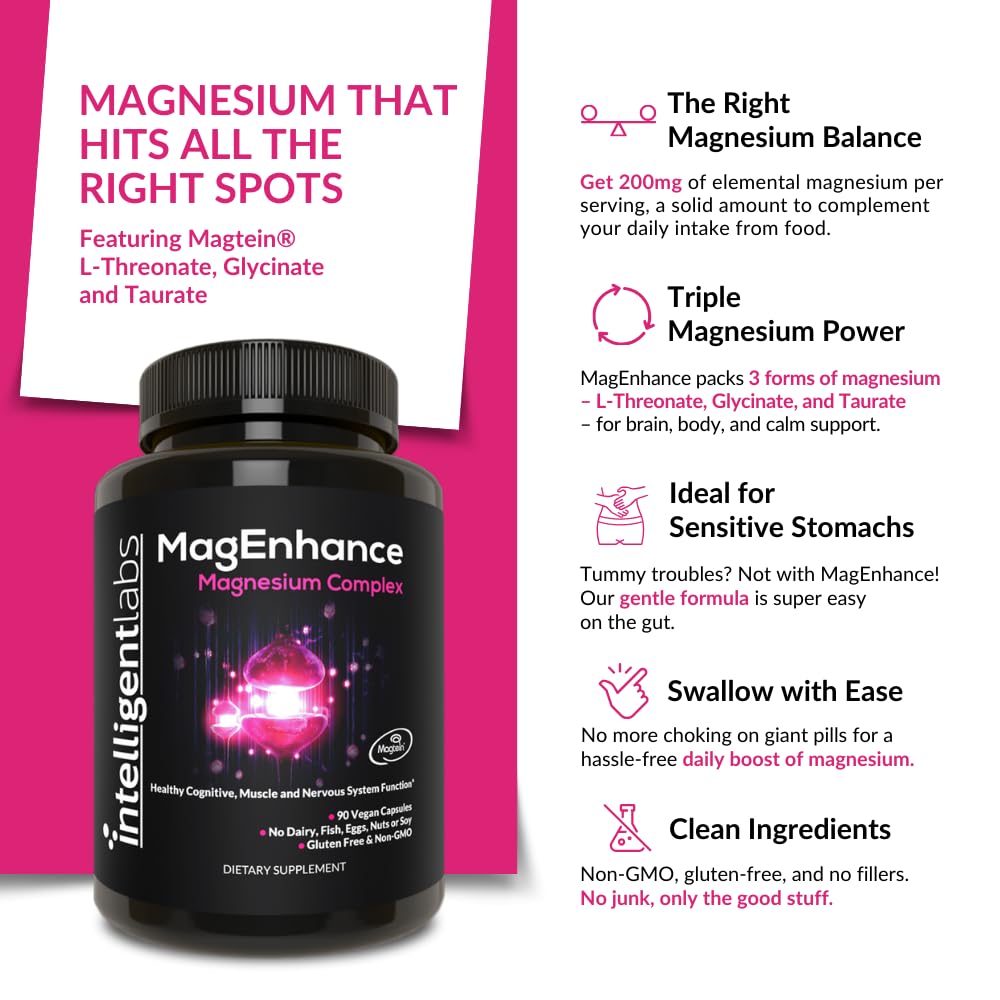 Intelligent Labs MagEnhance Magtein Magnesium Complex Supplement L-Threonate with Magnesium Glycinate and Taurate, 90 Capsules