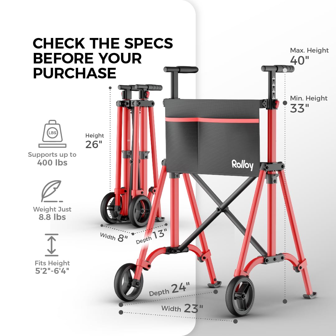 Folding Walkers for Seniors, Lightweight Narrow Travel Walker, Fully Assembled Standard Walker with 2 Wheels, Adjustable Height for Tall, Aluminum Frame Supports 400 lbs, Extra 2 Skis and Storage Bag
