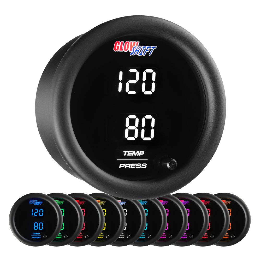 GlowShift 10 Color Digital Dual Temperature & Pressure Gauge Kit - for Boost, Oil Pressure, Water & Transmission Temp - Includes Electronic Sensors - 2 Multi-Color LED Displays - Tinted Lens - 52mm