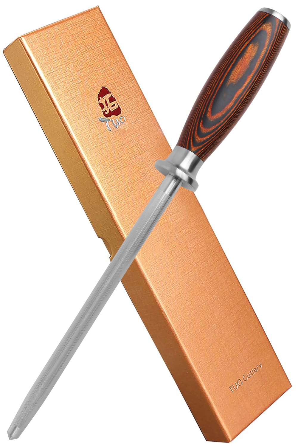 TUO Honing Steel for All Kitchen Knives Daily Sharpening Maintenance - High Carbon German Stainless Steel with Pakkawood Handle - 9-inch Sharpening Rod with Case - Fiery Phoenix Series