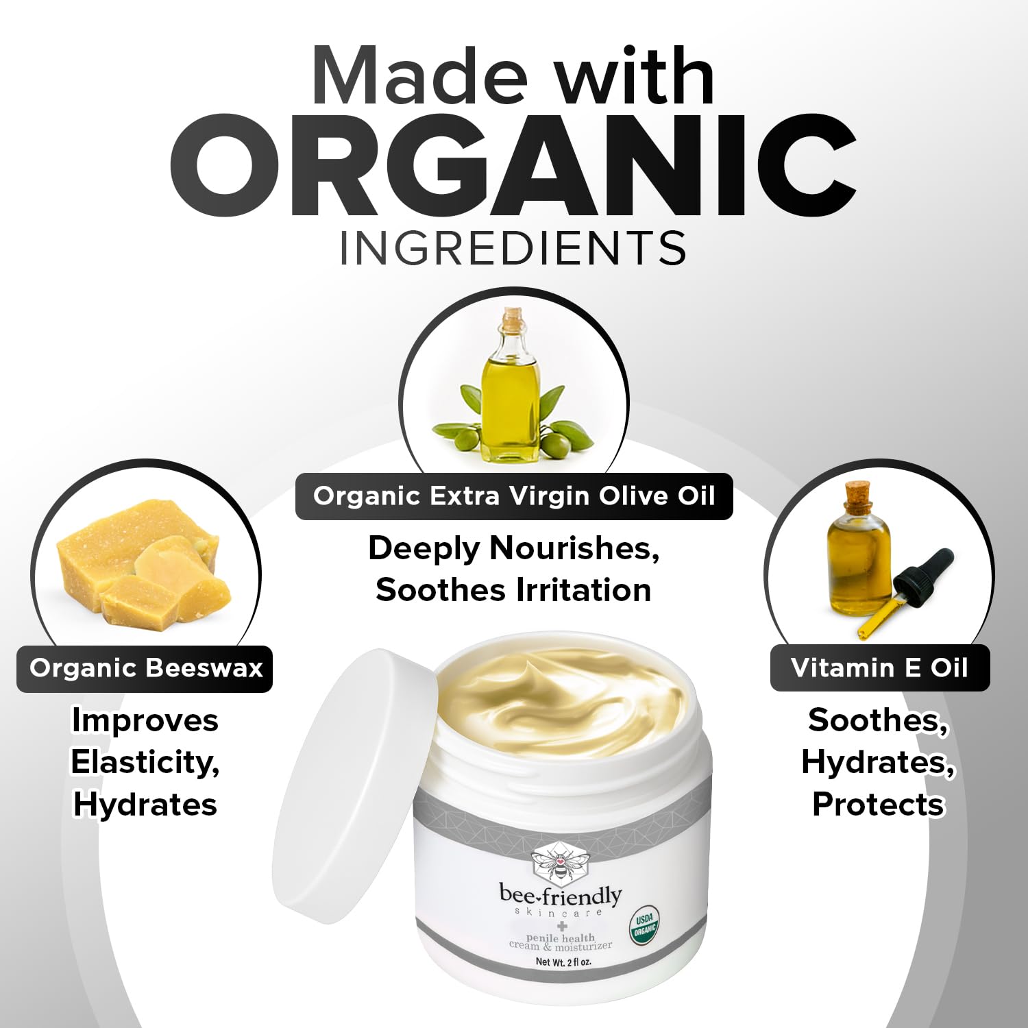 BeeFriendly Organic Penile Health Creme, USDA Certified Cream, Natural Moisturizer Aids With Dry, Chafed, Itchy, Irritated & Sensitive Male Intimate Area Skin 2 oz