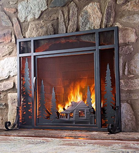 Plow & Hearth Metal Fireplace Screen Cabin Flatguard Black | 44" W x 33" H | Spark Guard Indoor Grate | Wood Stove Accessories
