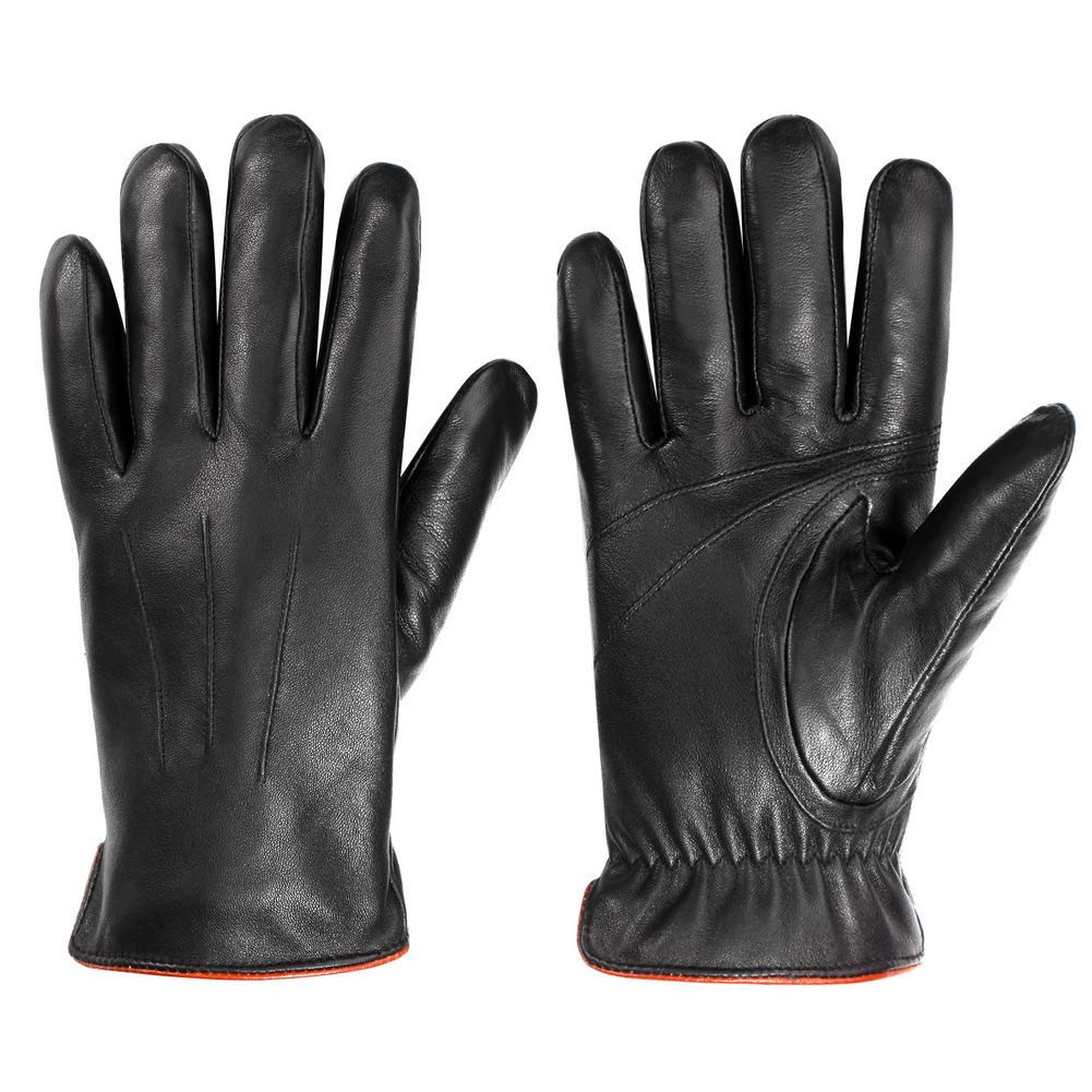MaxW Sheepskin Leather Gloves for Men, Winter Warm Touchscreen Gloves, Black Leather Gloves for Driving Motorcycle, Size M
