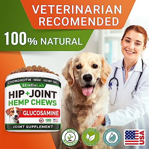Advanced Hemp + Glucosamine Dog Joint Supplement - Hip Joint Pain Relief - Mobility Hemp Chews for Dogs - Chondroitin, MSM, Omega - Hemp Oil Treats - Made in USA - Lamb Flavor - 120 Hemp Treats