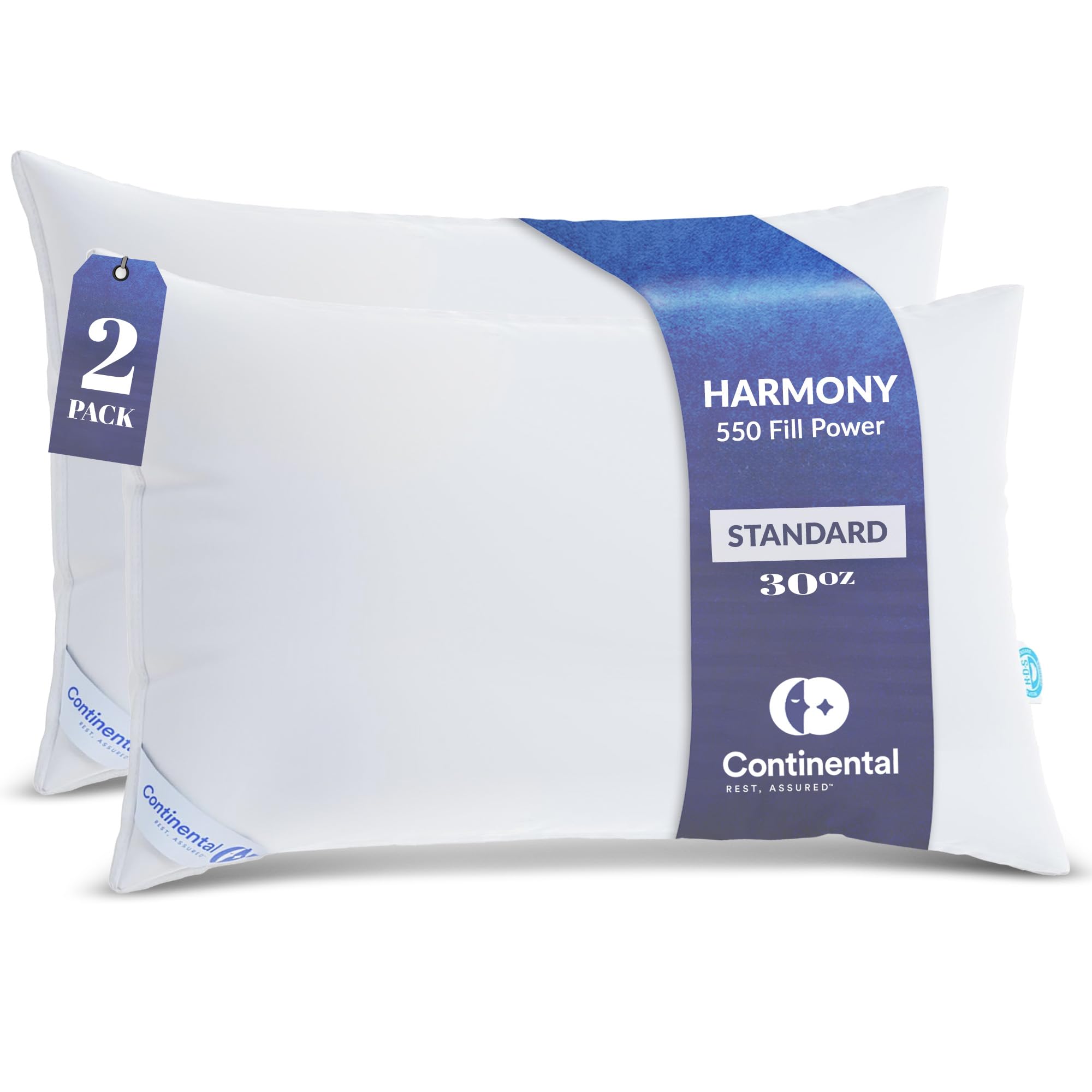 Continental Bedding | Harmony White Down Pillow | 550 Fill Power | 400 Thread Count Cotton Cover | Made in USA | Medium, King (Pack of 2), 2