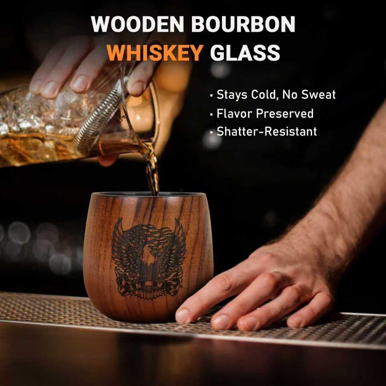 Wooden Whiskey Glass β Wooden Bourbon Drinking Glass with Eagle Design β Solid Wood Whiskey Cup β Old Fashioned Glasses Set of 2 β Birthday, Retirement, Weddings, Anniversaries Gift for Men Women