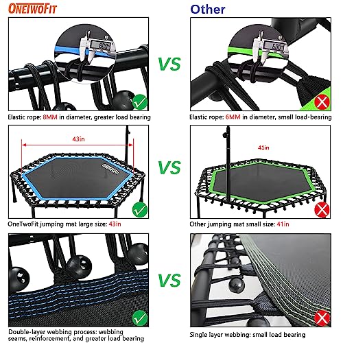 ONETWOFIT 48" Silent Mini Trampoline with Adjustable Handle Bar Fitness Trampoline Bungee Rebounder Jumping Cardio Trainer Workout for Adults Blue