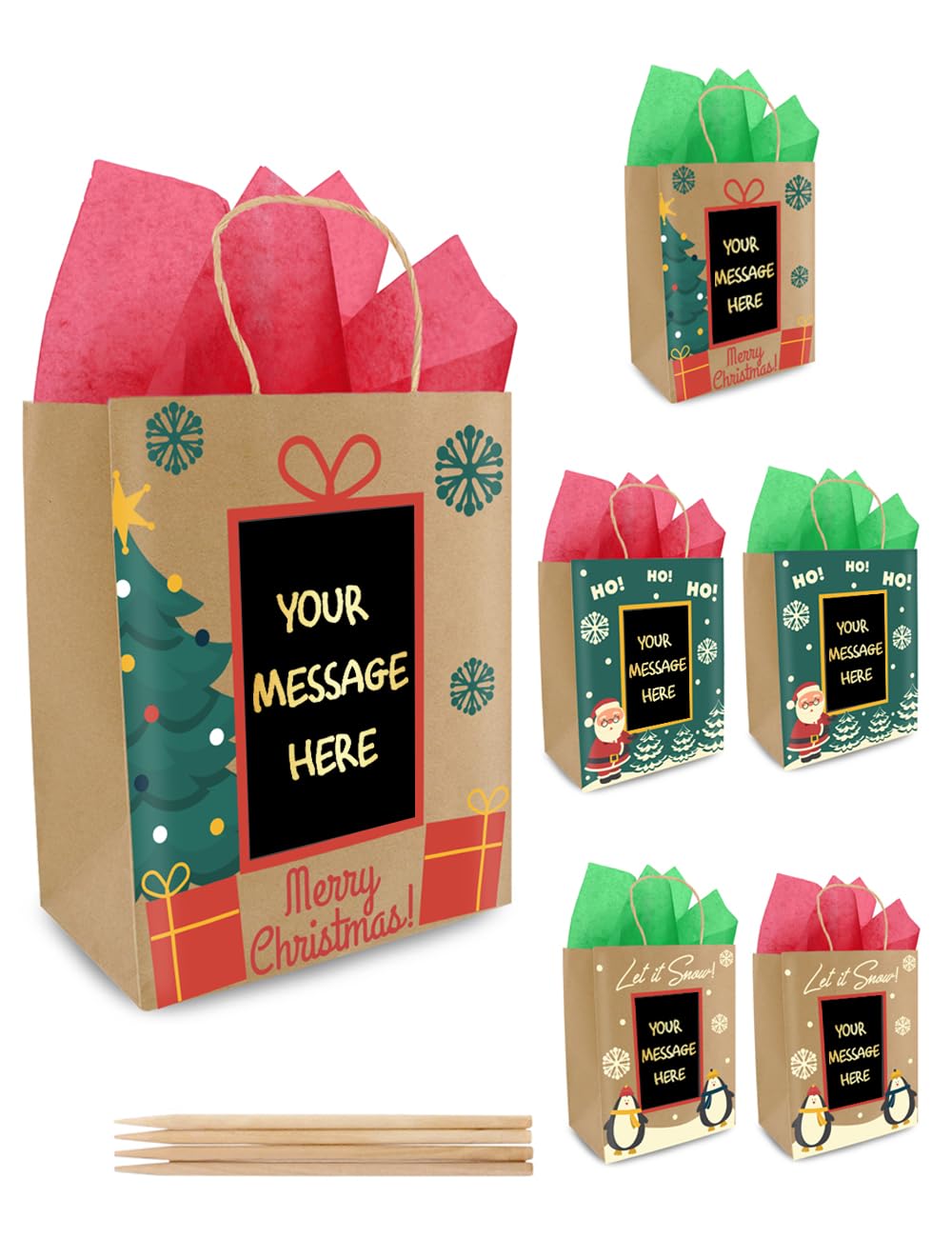 PURPLE LADYBUG 6 Brown Christmas Gift Bags Medium Size Bulk with Scratch Paper Panel for Personalized Messages & Christmas Tissue Paper - Small Christmas Bags for Gifts, Secret Santa Holiday Gift Bags