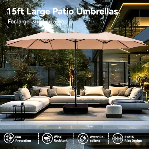 PHI VILLA 15ft Large Patio Umbrellas with Base Included, Outdoor Double-Sided Rectangle Market Umbrella with Crank Handle, for Poolside Lawn Garden, Beige