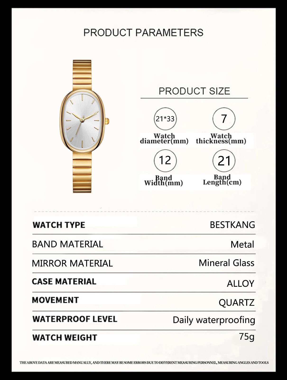 BESTKANG Exquisite Watches for Women Easy Reader Watch Fashion Oval Ultrathin Waterproof Ladies Wrist Watch (Gold White)