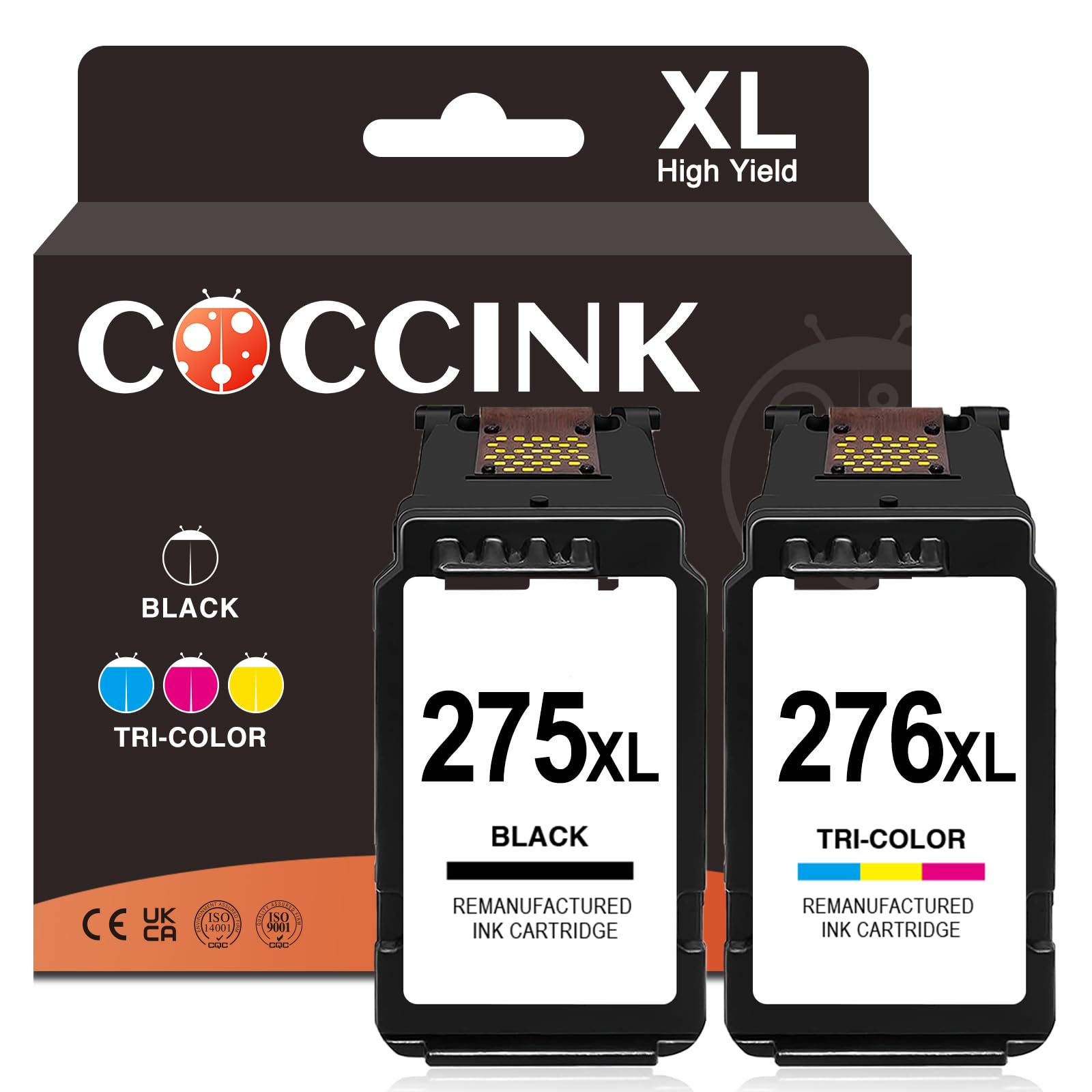 COCCINK PG-275 CL-276 275XL 276XL for Canon ts3722 Ink Cartridges Pixma TS3700 TS3720 TR4720 TR4722 TR4700 TR4725 TS3522 TS3520 TS3500 Printer Remanufactured for Cannon 275 276 XL (1 Black 1 Color)