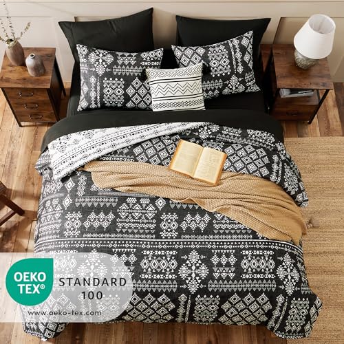 Geniospin Twin Comforter Set - 5 Pieces Comforters Twin Size, Fluffy Boho Bedding Sets for All Seasons, Bed in a Bag with Flat Sheet and Fitted Sheet, Pillowcase & Sham (Black and White, 66''x86'')