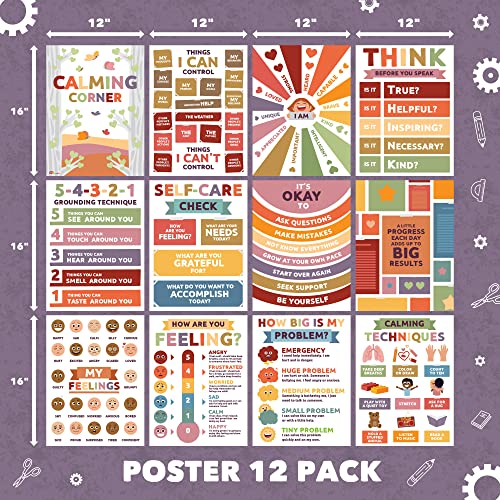 Sproutbrite Calming Corner -12 pack - Classroom Decor Educational Posters for Elementary, Middle School, and High School Classrooms (Neutral)