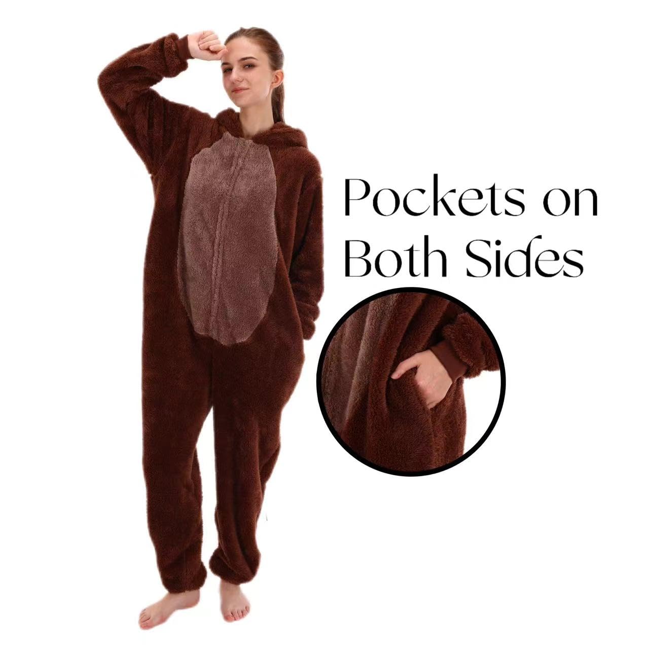 COSUSKET Snug Fit Unisex Adult Onesie Pajamas, Sherpa Bear Cosplay Animal One Piece Halloween Costume Sleepwear Homewear