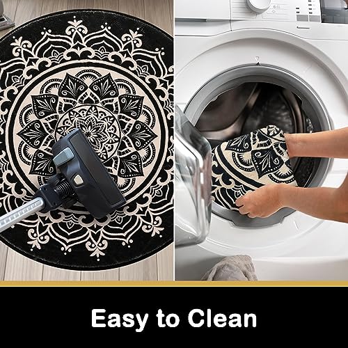 Carvapet 2' Small Round Area Rug Chic Boho Mandala Print Circle Rugs Non Slip Machine Washable Floor Mat Soft Throw Rug for Powder Room Entryway Bathroom Nursery Bedside Floor Decor Black Ivory