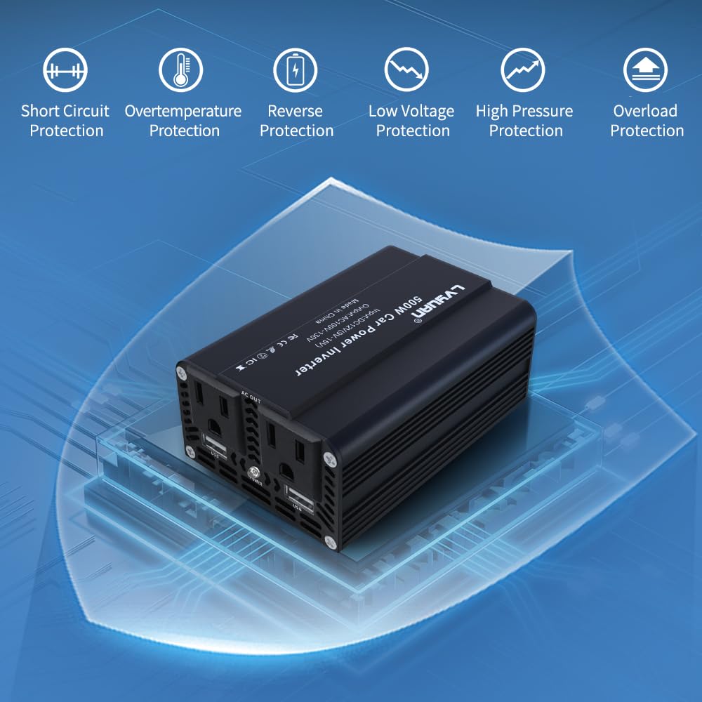 LVYUAN 500W Power Inverter for Vehicles DC 12V to 110V AC Car Plug Adapter Outlet Converter with 3.1A Dual USB Car Charger for Laptop Computer Black