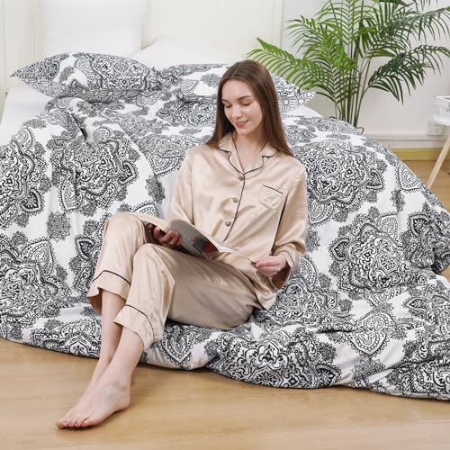 PHF Ultra Soft Boho Duvet Cover Twin Size, Printed Bedding Set 2 Pieces, Comfy Farmhouse Pattern Duvet Cover Set with 1 Pillow Shams, Zipper Closure and 6 Ties, 68"x90", Black & White