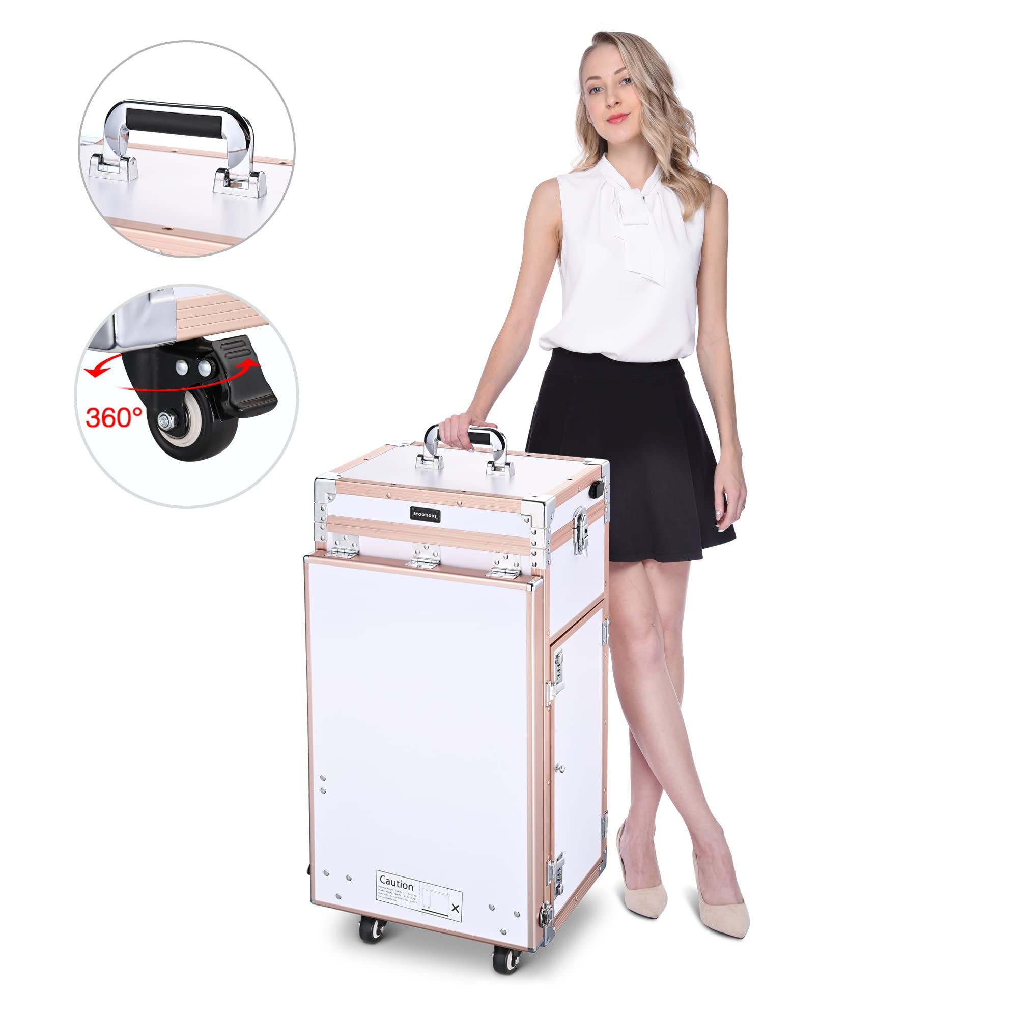 BYOOTIQUE Rolling Manicure Table Foldable Nail Salon Station Makeup Train Case Cosmetic Trolley Travel Storage Organizer with 4 Drawers Mirror & Speaker for Technician Workstation, Rose Gold