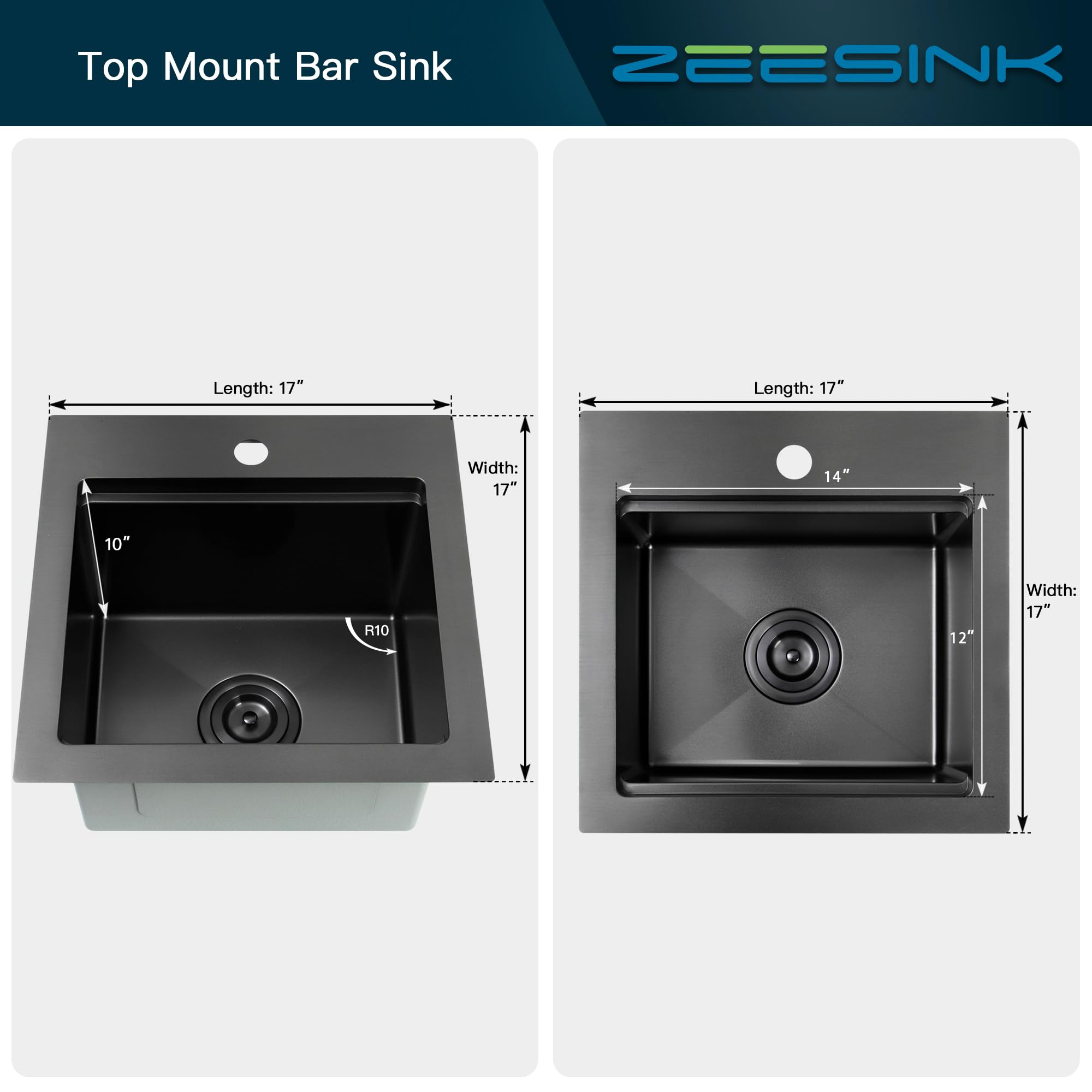 Zeesink Black Bar Sink Drop in,Small RV Sink 17 inch,Wet Bar Sink,Stainless Steel Bar Prep Sink