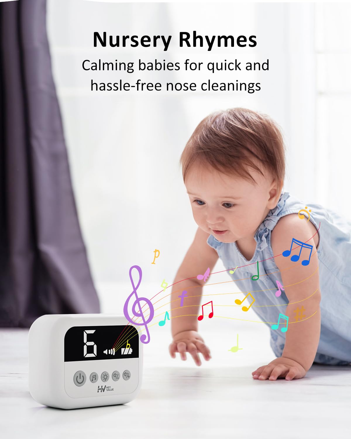 HEYVALUE Nasal Aspirator for Baby, Hospital Grade Nose Sucker with 9 Levels Suction, Night Light and Nursery Rhyme Soothing Function, Electric Nose Suction for Baby with Food-grade Silicone Tips