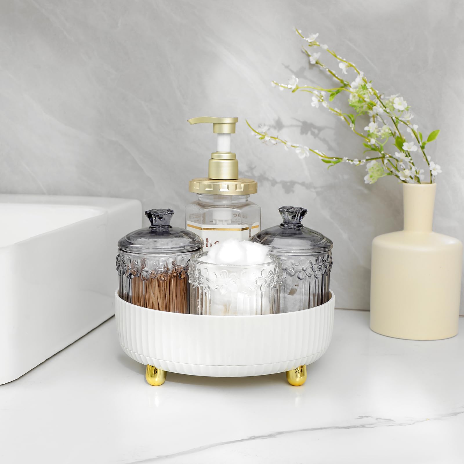 Anyoifax Makeup Perfume Organizer Tray 360 Degree Rotating Lazy Susan Skincare Lotion Organizer Spinning Cosmetics Storage for Dresser, Vanity, Bathroom Countertop, Small Ivory White