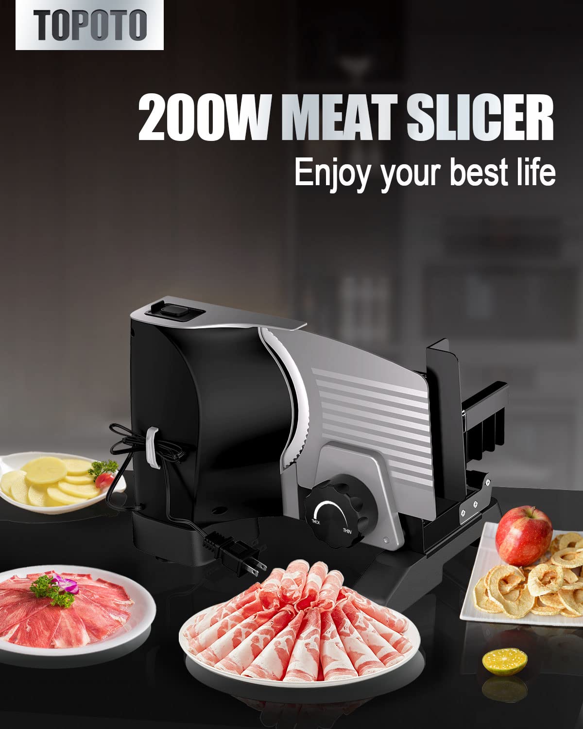 Meat Slicer TOPOTO 200W Deli Food Slicers 2 7.5" Blades Child Lock 18mm Adjustable Home Use Cutting Machine for Lunch Meat Cheese Bread Easy to Clean