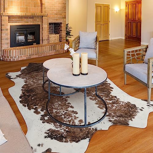 NEOCOZY Exquisite Cowhide Rug, 4.6 x 5.2 ft Faux Cowhide for Living Room Bedroom, Cow Print Rug for Wall, Non-Slip, Camel White