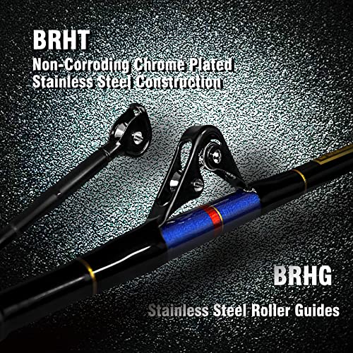 Fiblink Saltwater Fishing Trolling Rod 1 Piece/2 Piece Heavy Roller Rod Big Name Conventional Boat Fishing Pole with Roller Guides (1-Piece 5'6" 30-50lb)