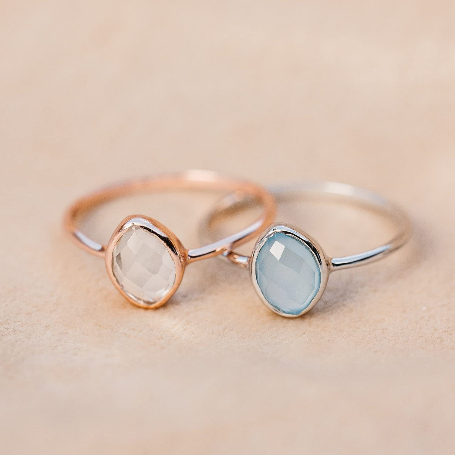 Pura Vida Ring Silver Organic Stone Ring - Handmade Ring with Blue Chalcedony, Brass Base with Rhodium Plating - Silver Rings for Women, Cute Rings, Boho Jewelry for Women - Size 9