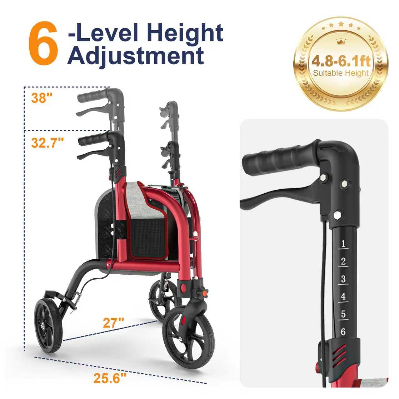 SUCCU 3 Wheel Walkers for Seniors, Narrow Foldable Wheeled Rollator Walker, Lightweight Three Wheels Rolling Walker, 350lbs Capacity, Height Adjustable Rollator for Elderly, Aluminum Alloy