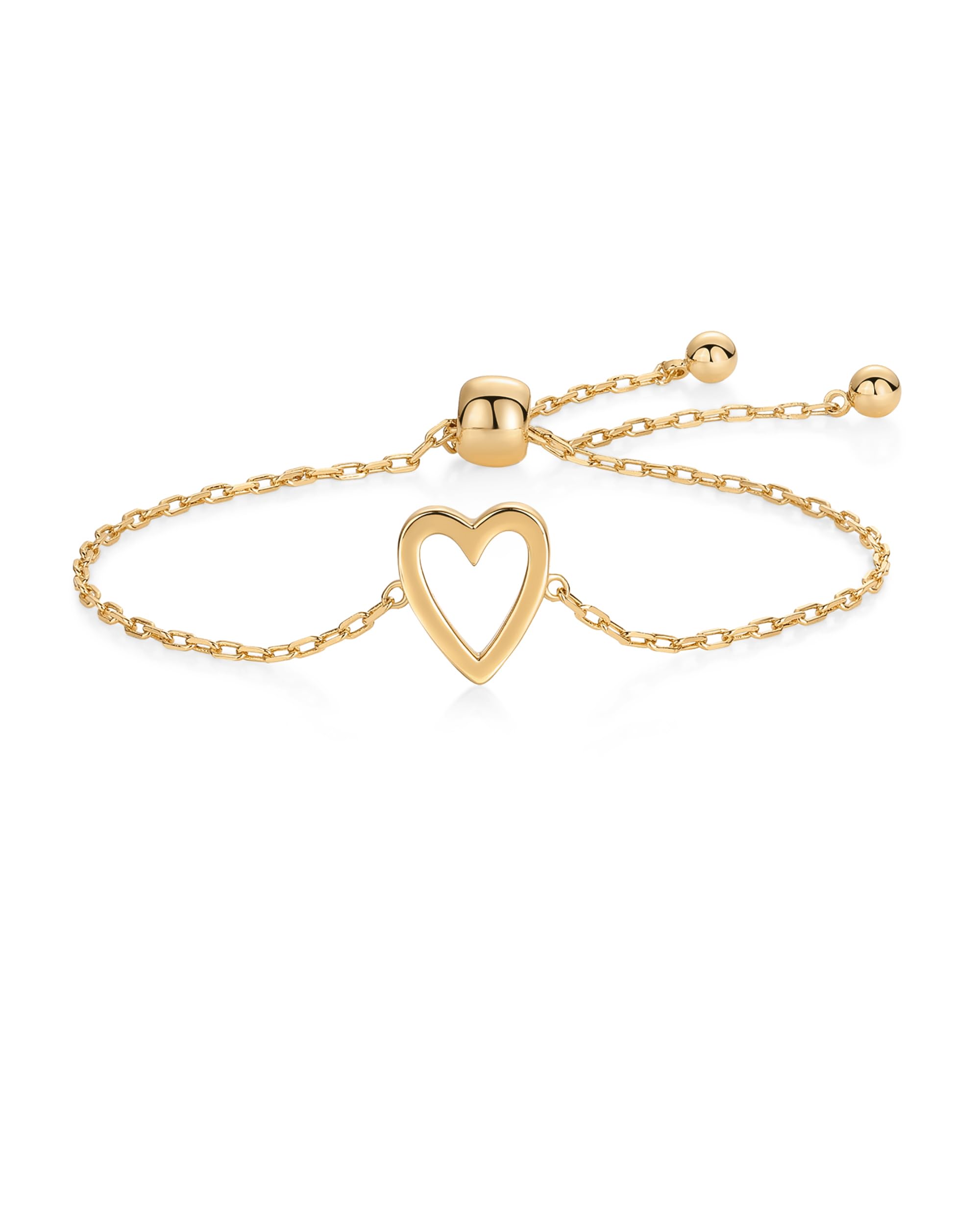 PAVOI 14K Yellow Gold Plated Matching Heart Charms Solitaire Bracelet Set for Women | Adjustable Valentines Day Love Friendship Two Bracelet Pack