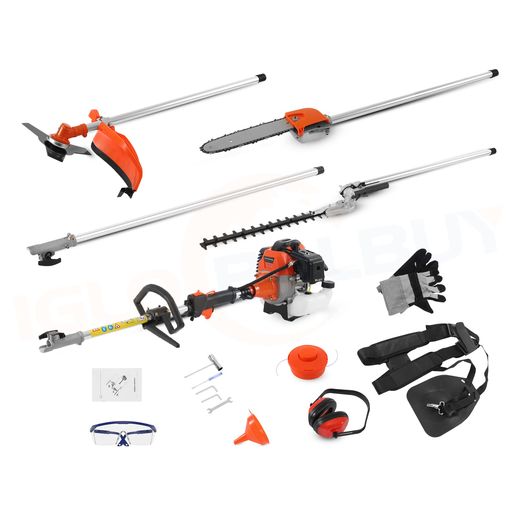 Iglobalbuy 52cc 2-Stroke 5 in 1 Garden Hedge Trimmer Combo, Gas Powered Long Reach Pole Saw Grass String Trimmer Brush Tree Cutter Pruner Weed Eater Multi Functional Garden Trimming Tools