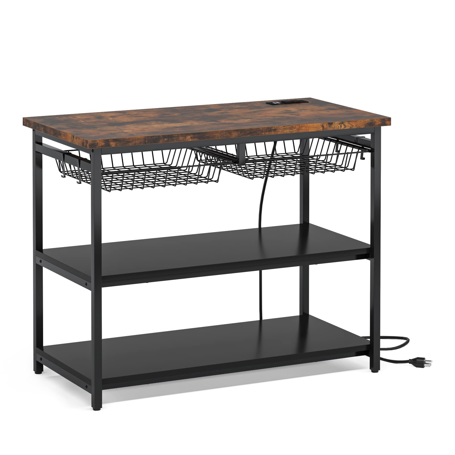 Tribesigns Kitchen Island with Storage, Industrial Island Table with Power Outlets and Wire Baskets, 3 Tier Microwave Oven Stand Butcher Block Island with Large Worktop, 4 Hooks, Rustic Brown