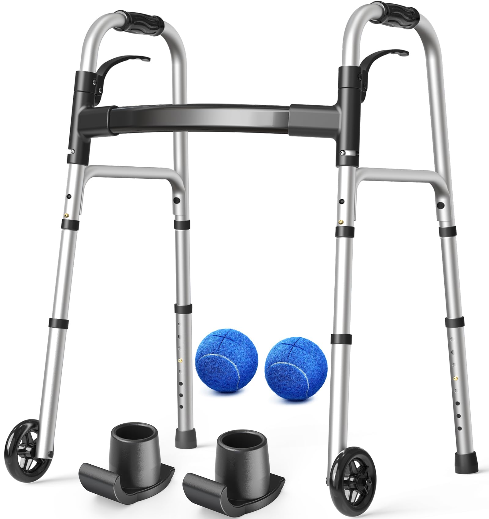HolyHeal Folding Walker with 2 Precut Tennis Balls, Lightweight Walkers for Seniors with Wheels, Support Up to 350 lbs, Height Adjustable Standard Compact Walker & Ski Glides