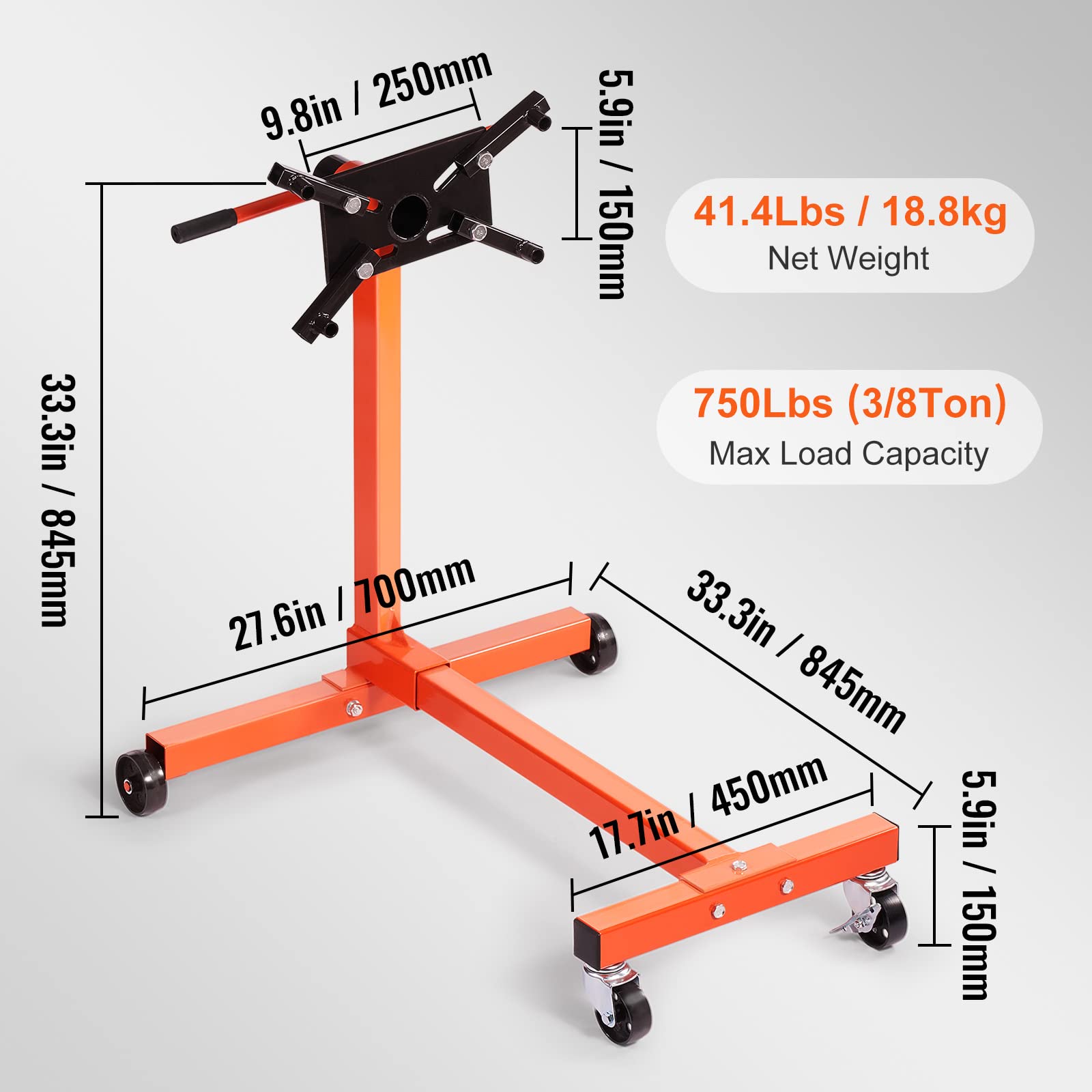 VEVOR Engine Stand, 750 lbs (3/8 Ton) Rotating Engine Motor Stand with 360 Degree Adjustable Head, Cast Iron Motor Hoist Dolly, 4-Caster, 4 Adjustable Arms, for Vehicle Maintenance, Auto Repair