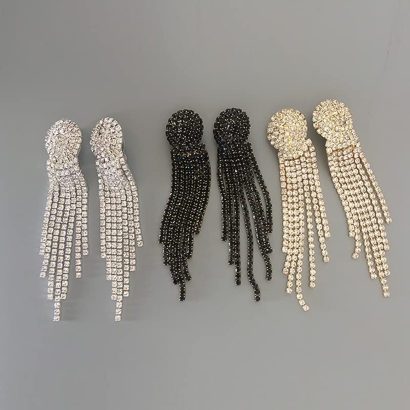 Mlouye Rhinestone Earrings Dangling for Women, Dangle Earrings Long Tassel Crystal Chandelier Drop Earrings for Prom Party Black