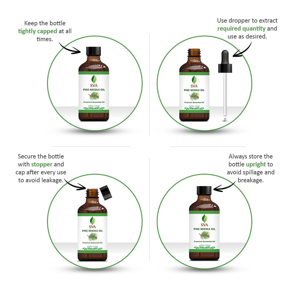 SVA Pine Needle Essential Oil – 4 Fl Oz – 100% Natural Pine Needle Oil - for Diffuser, Hair Care, Face, Skin Care, Aromatherapy, Scalp and Body Massage, Soap and Candle Making – with Dropper
