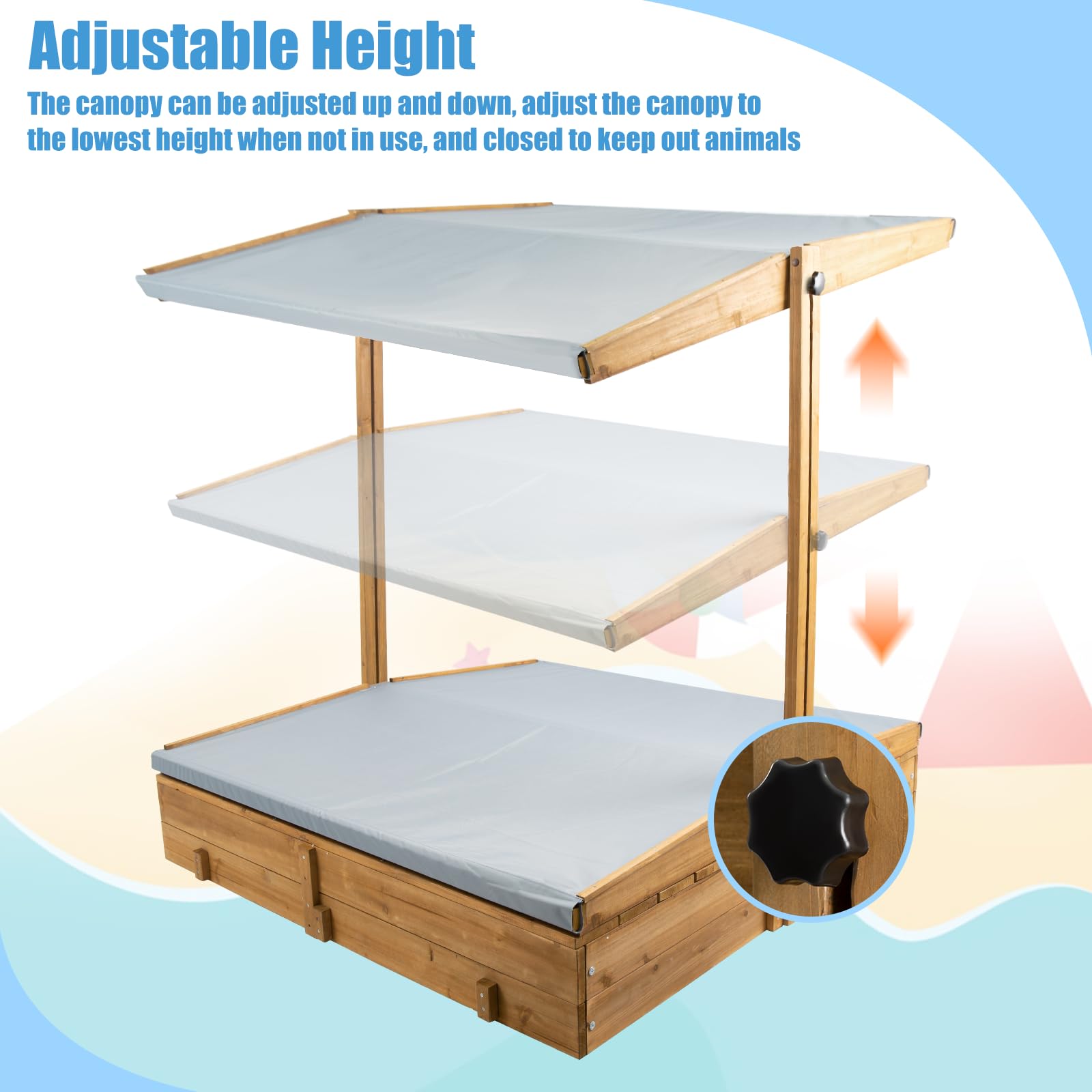PetsCosset Wooden Sandbox with Cover, Sand Boxes for Kids Outdoor with Lid, Sandbox with 2 Foldable Bench Seats for Backyard (47x47in), UV-Resistant & Adjustable Height Roof, Gift for Ages 2-8