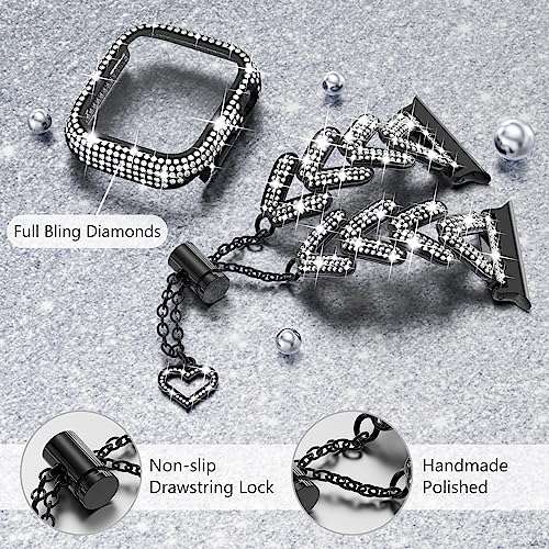 WINGLE for Apple Watch Band with Case 38mm Women Series 3 2 1, Luxury Diamond Sparkle Rhinestone Crystal Designer Dressy Chain Bracelet Metal Band with Bling Screen Protector Case, 38 mm Black