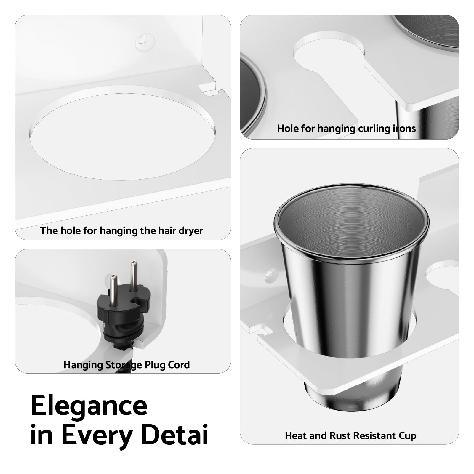 HIIMIEI Hair Tool Organizer Wall Mount, White Acrylic Hot Tool Holder with 2Cups, Bathroom Hair Styling Accessories Storage Organizer for Flat Iron, Blow Dryer, Curling Wand